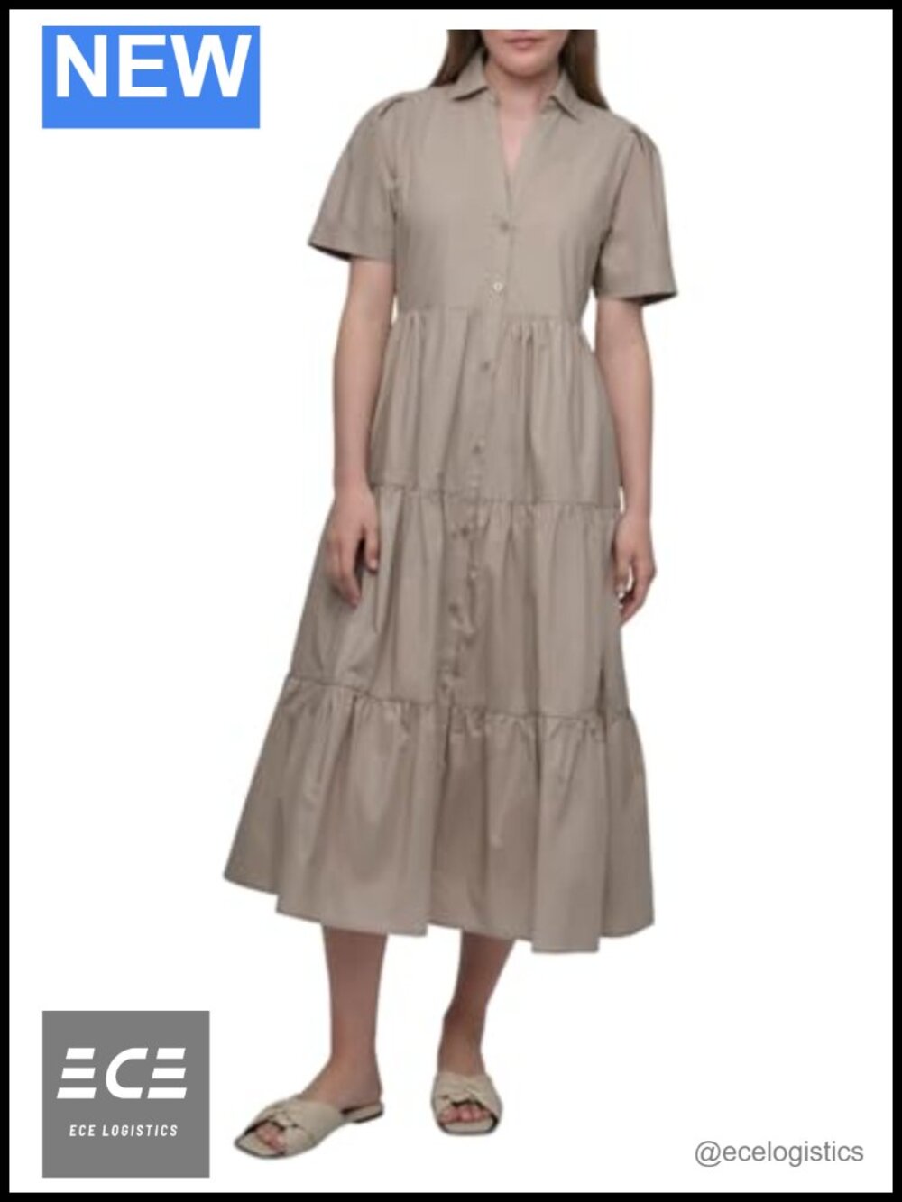 DKNY Poplin Tiered Dress Button Front Short Puff Sleeve